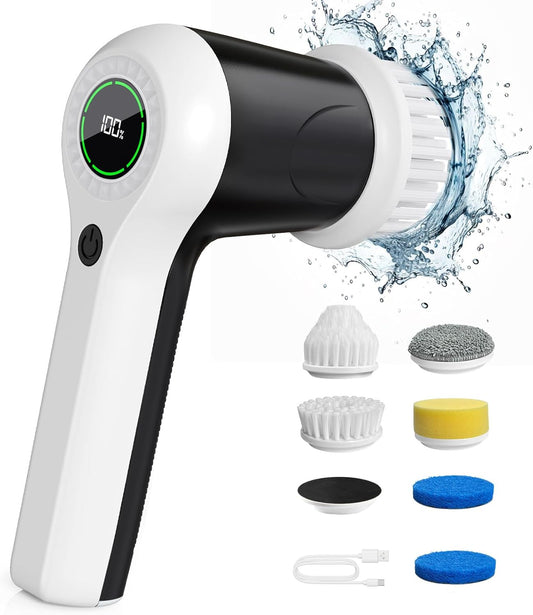 Electric Spin Scrubber, Cordless Shower Scrubber with Battery Level Display, 2 Speeds Electric Scrubber for Cleaning with 6 Replaceable Heads