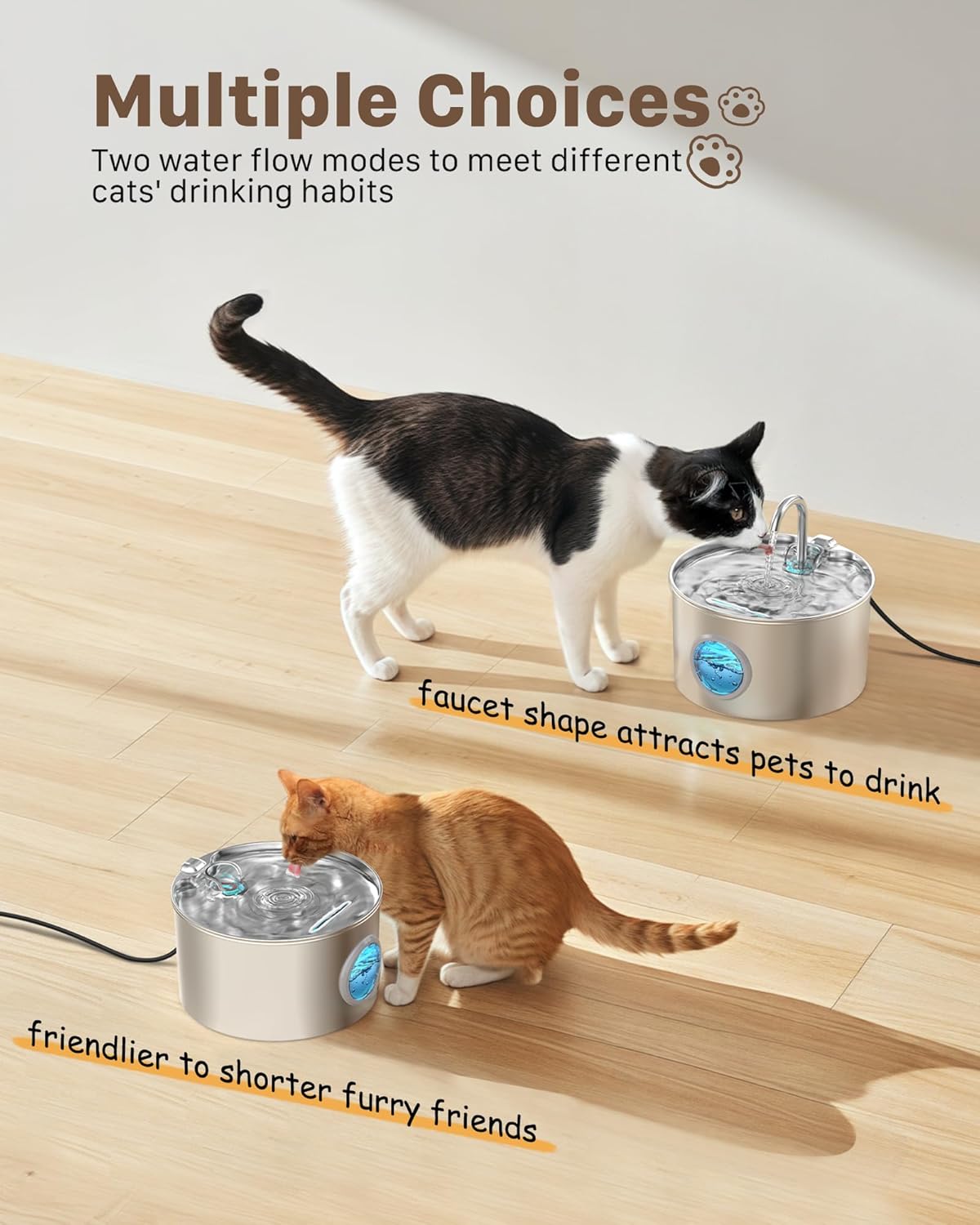 Cat Water Fountain Stainless Steel: 74oz/2.2L Cat Fountain for Drinking - Pet Water Fountain for Cats Inside - Quiet Cats Water Bowl Dispenser