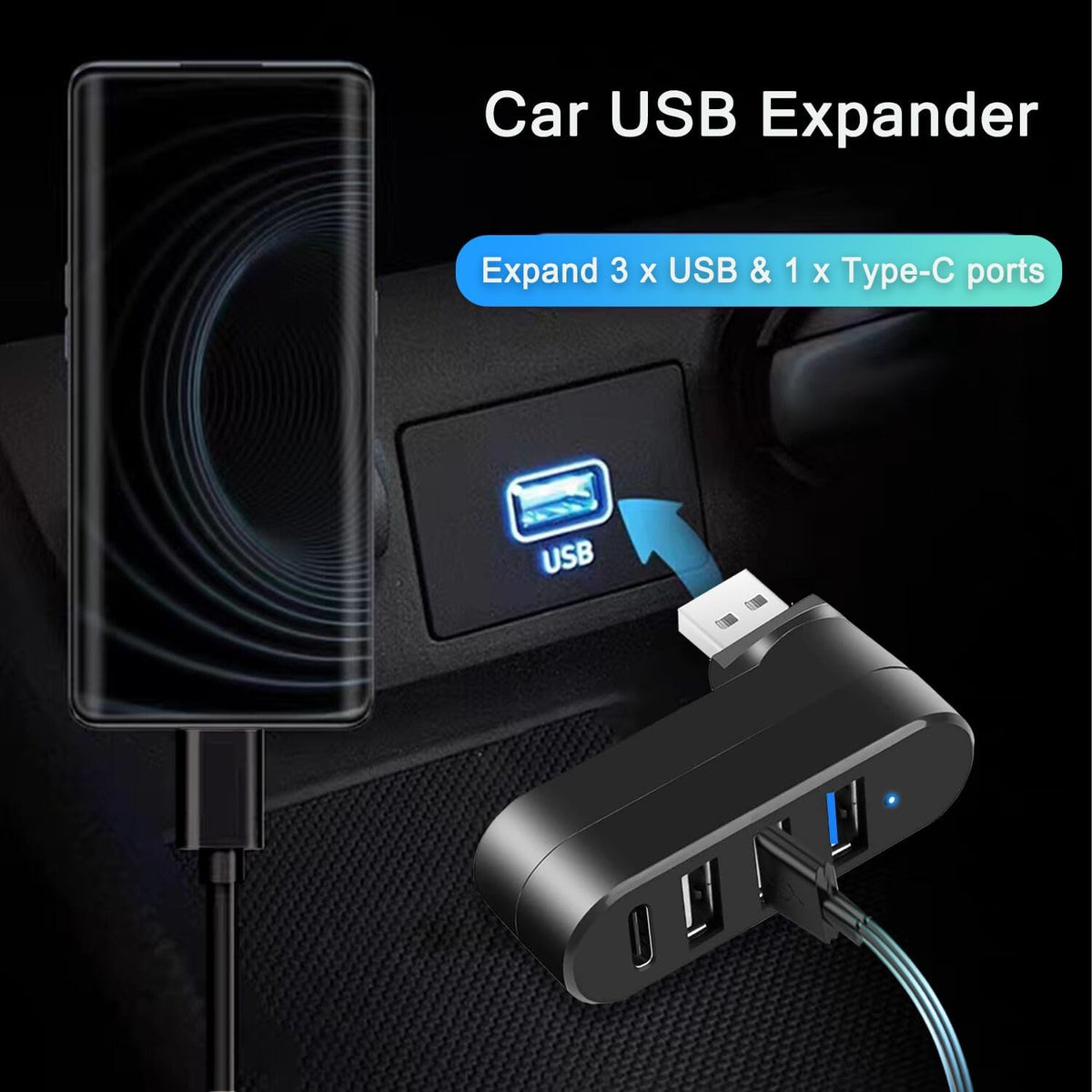 VIENON 4-Port USB 3.0 Hub [90°/180° Degree Rotatable], USB Splitter with PD-in 5W USB C Port, USB Extender for Laptop, Car, iMac, MacBook Air
