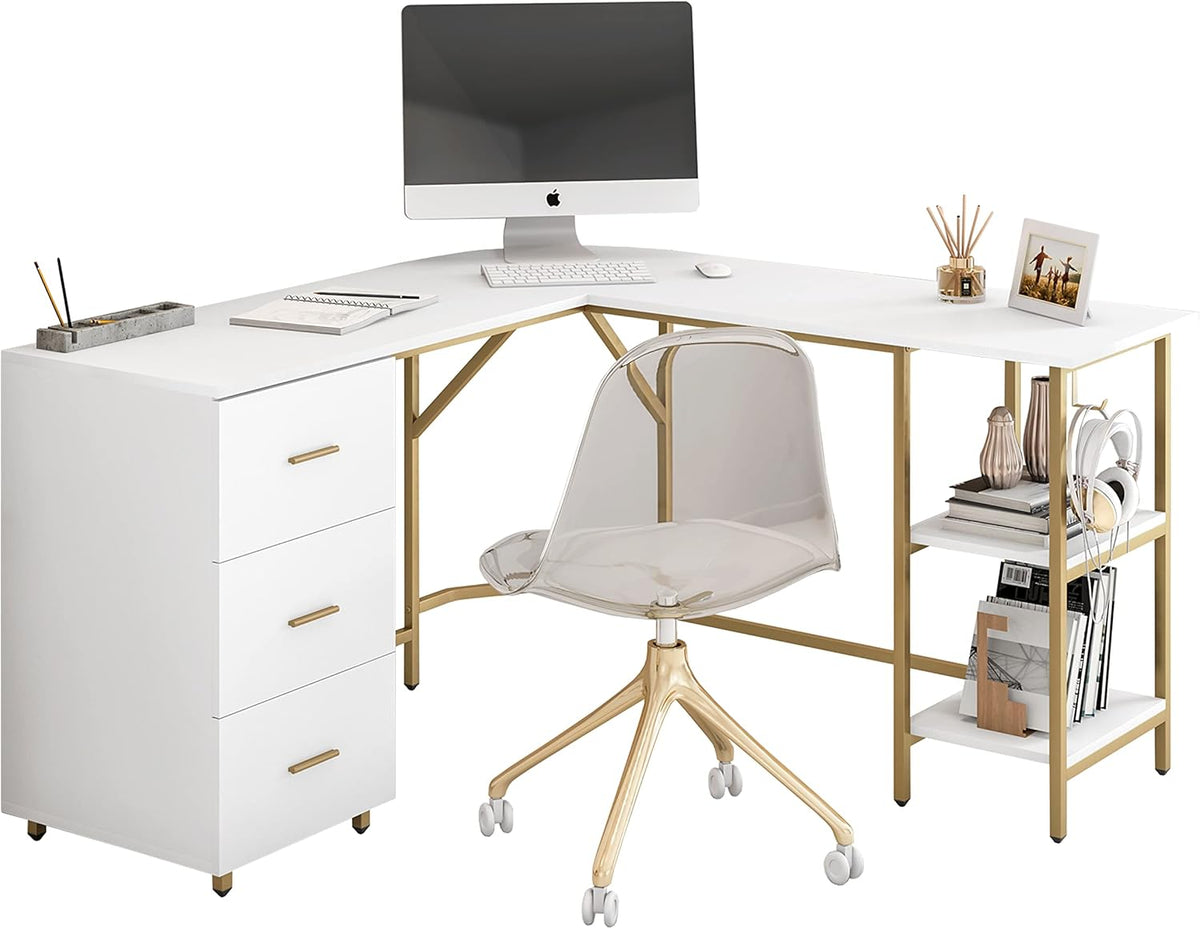 Techni Mobili L Shaped Desk - Two-Toned Computer Desk with Drawers & Storage Shelves - Simple Modern Furniture & Home Office Space Corner Table for
