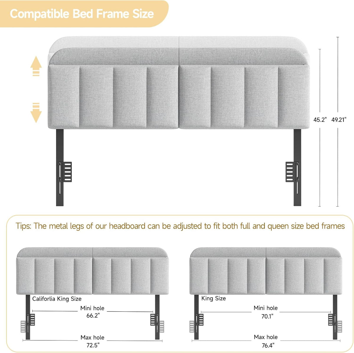 ONBRILL Adjustable Headboard for King/California King Size Bed Frame, Linen Fabric Bed Headboard with Storage & RGB LED Light in Modern Vertical