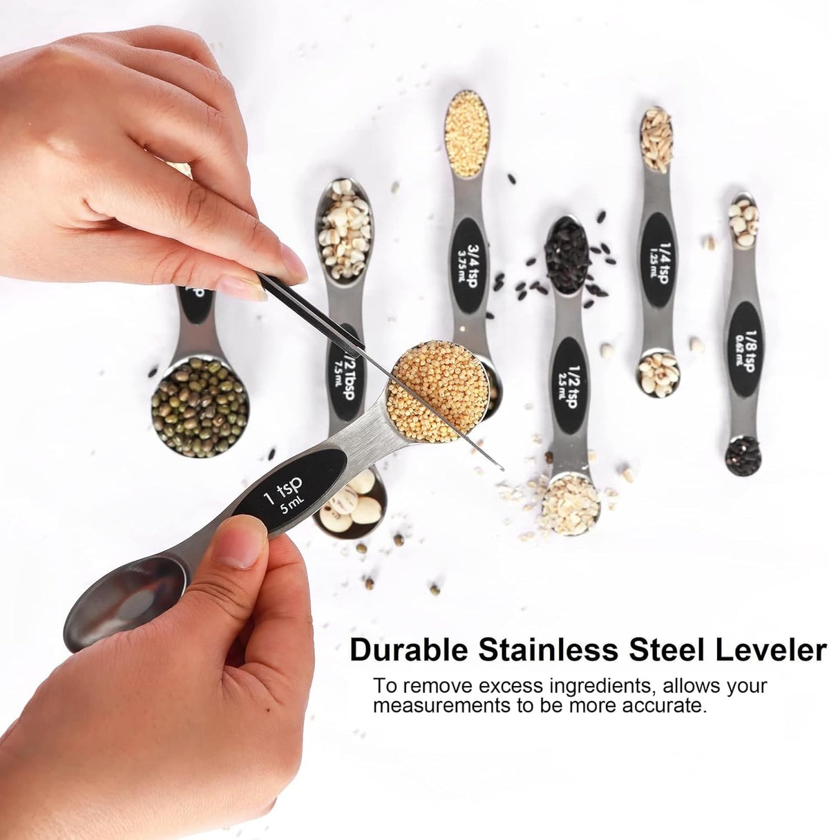 Magnetic Measuring Spoons Set Stainless Steel with Leveler, Stackable Metal Tablespoon Measure Spoon for Baking, Cups and Spoon Set Kitchen Gadgets