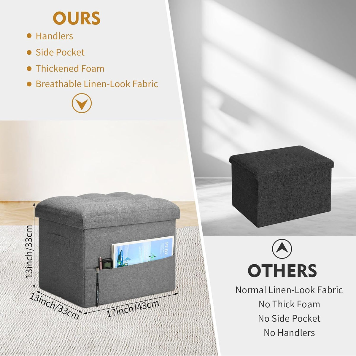 Storage Ottoman with Extra Thick Foam Padded Seat, Foldable Foot Rest Stool with Linen Fabric, 43L Ottoman with Storage Bench for Bedroom Living