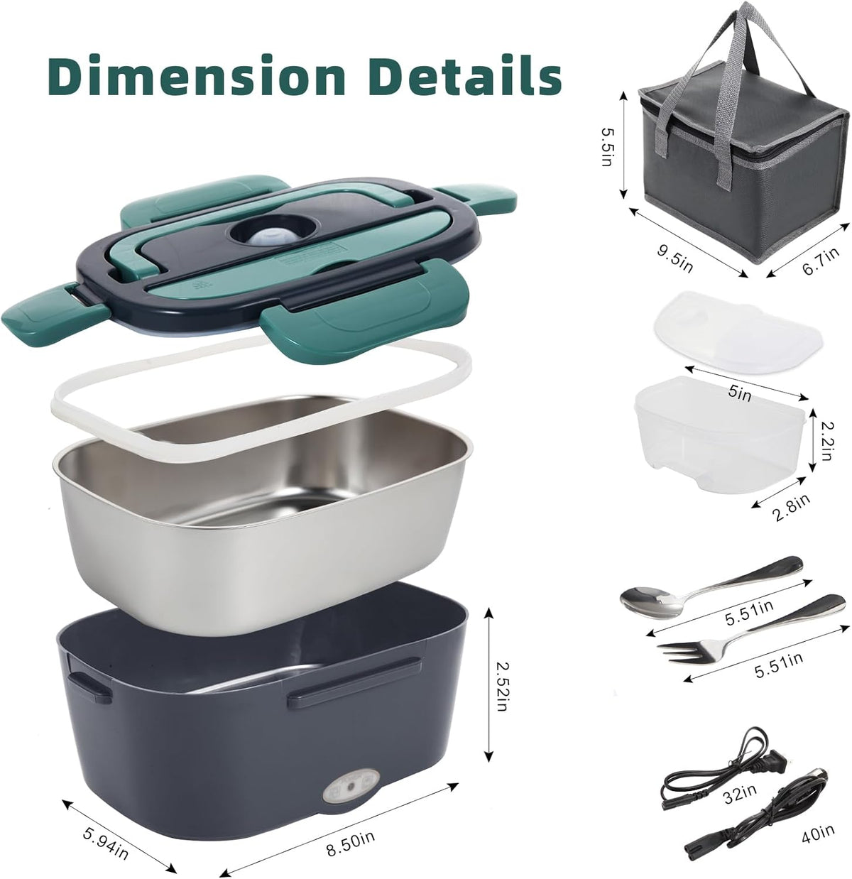 Electric Lunch Box Food Heater, 80W Portable Warmer for Car Truck Work with 304 Stainless Steel Container, 12V/24V/110V Green Heated Lunch Box