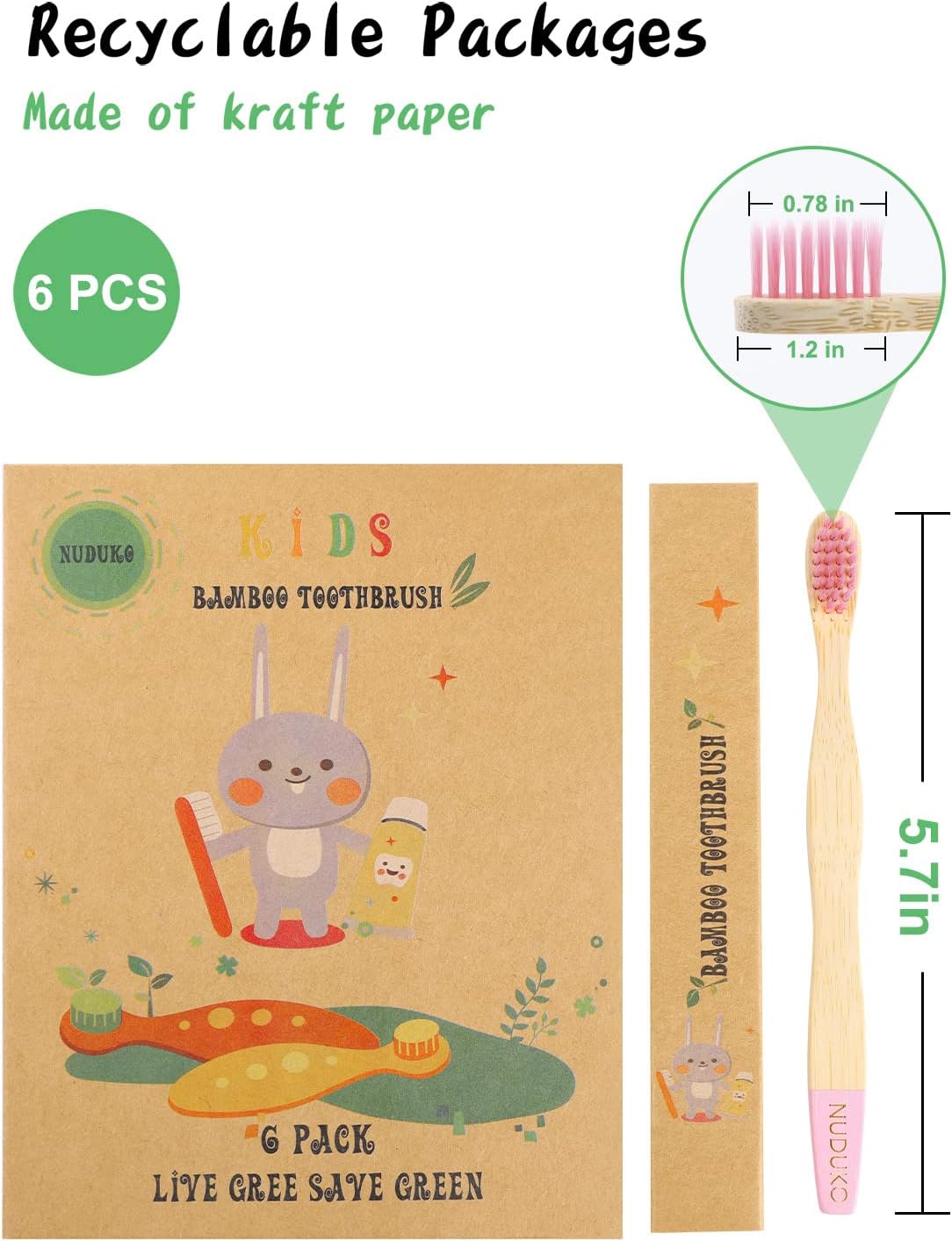 Kids Toothbrush Bamboo Toothbrushes 6 Pack - Organic Compostable Tooth Brush Wooden Baby Toddler Toothbrush, Eco-Friendly Natural Biodegradable Soft