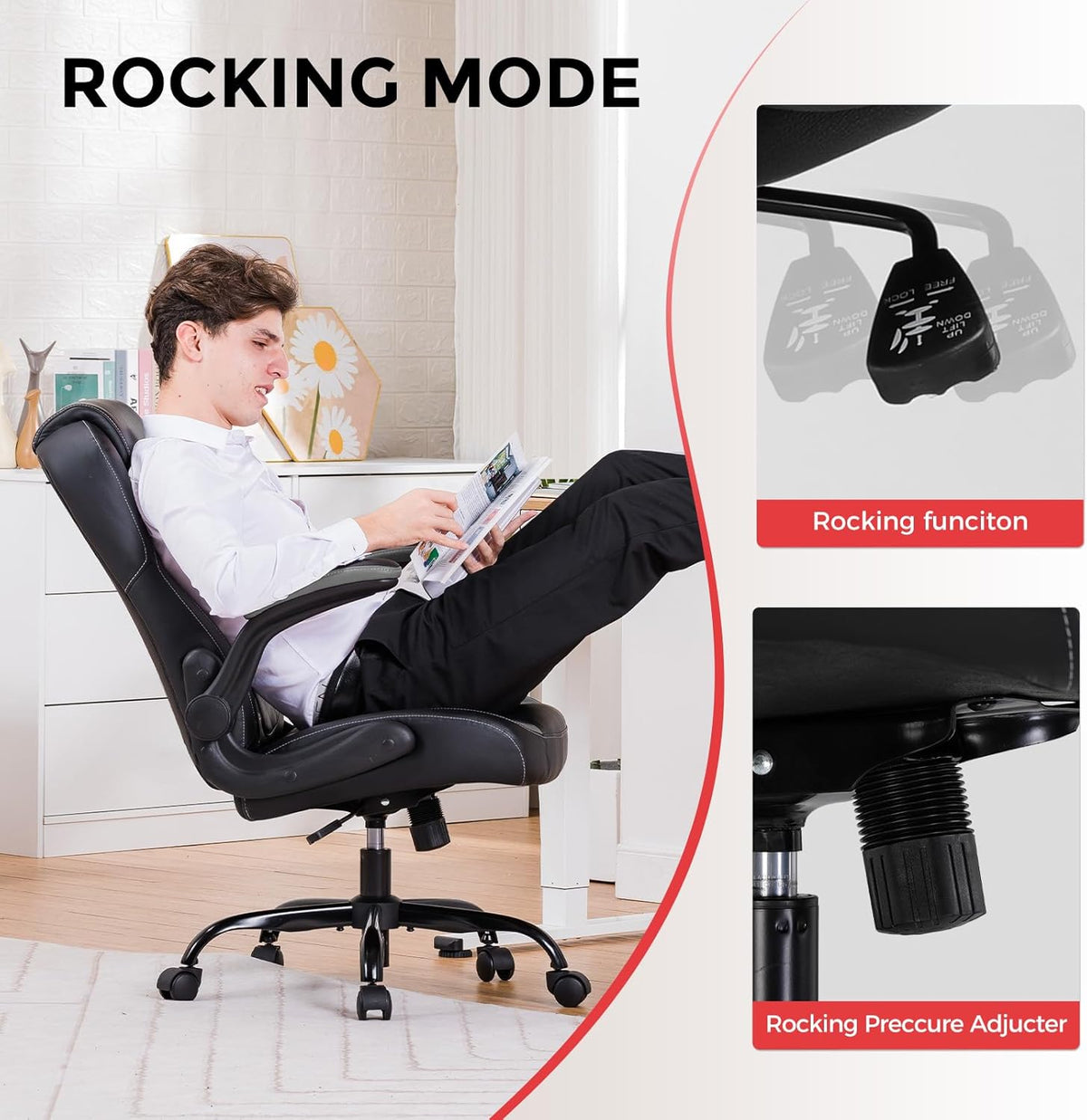 GTRACING Office Computer Gaming Chair Ergonomic Desk Chair for Adults with Lumbar Support Flip-Up Arms Adjustable Height Swivel Wheels PU Leather