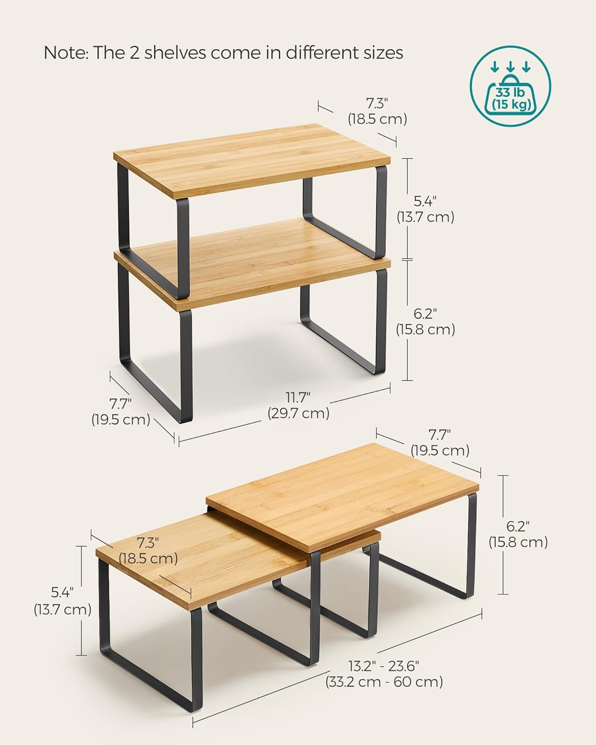 SONGMICS Cabinet Organizer Shelf, Set of 2 Kitchen Counter Shelves, Kitchen Storage, Spice Rack, Stackable, Expandable, Metal and Engineered Wood