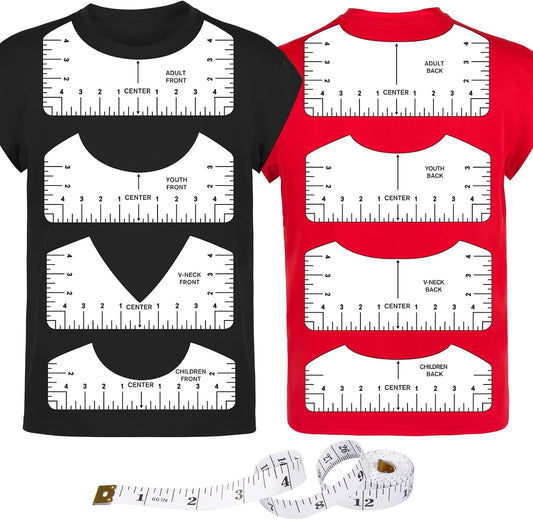 9Pcs Tshirt-Ruler Guide to Center Vinyl, Transparent V-Neck/Round PVC Ruler for Alignment, Heat Press, Children Youth Adult, Front and Back