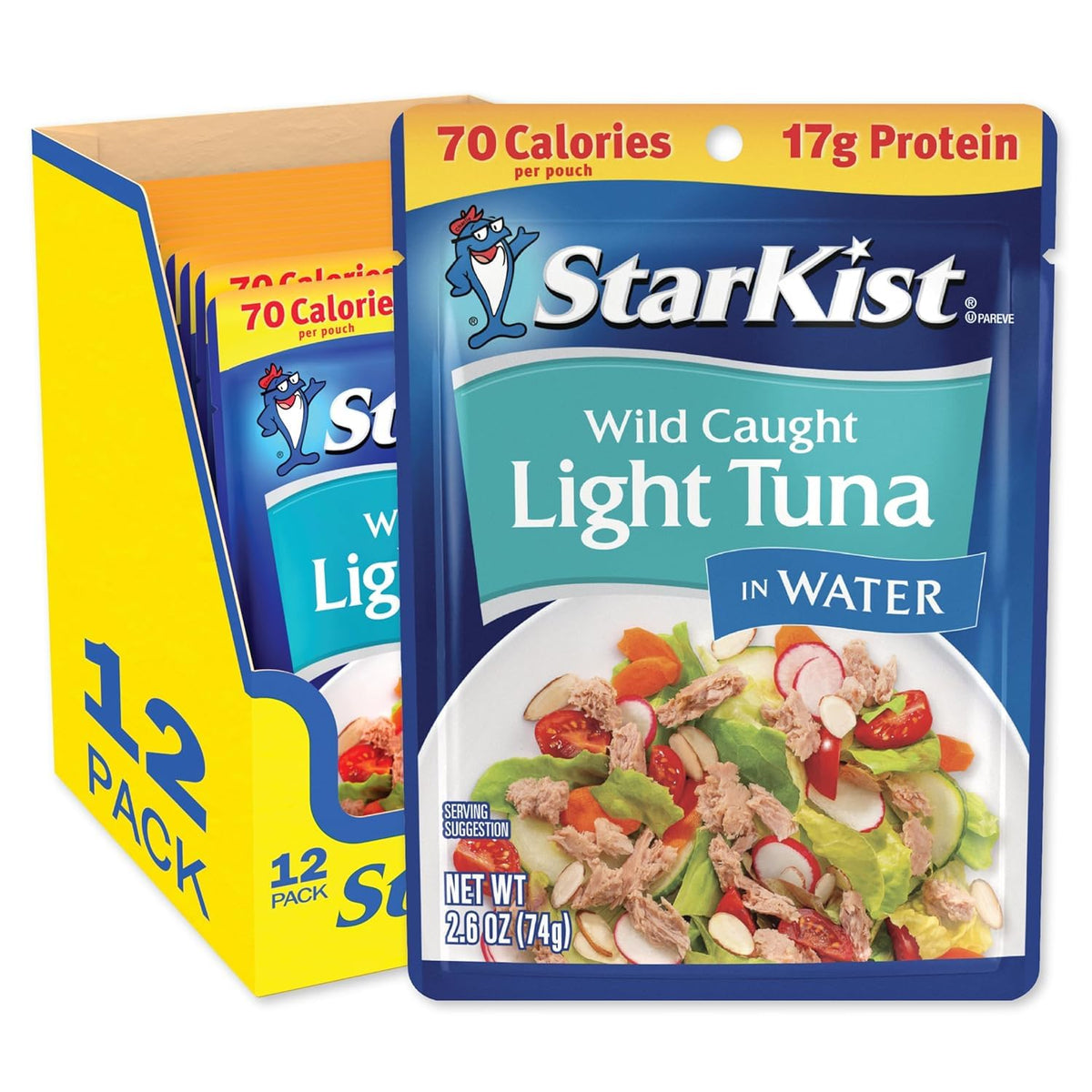 StarKist Chunk Light Tuna in Water, 2.6 oz Pouch (12 Pack) Ready to Eat Wild Caught Tuna, 17g Protein, 70 Calories Per Serving, Gluten Free, Soy