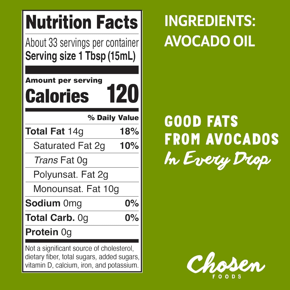 Chosen Foods Avocado Oil, 16.9 Fl Oz - All Purpose Cooking Oil made from 100% Pure Avocados - Non-GMO, Gluten-Free, Keto Friendly, Glyphosate Free