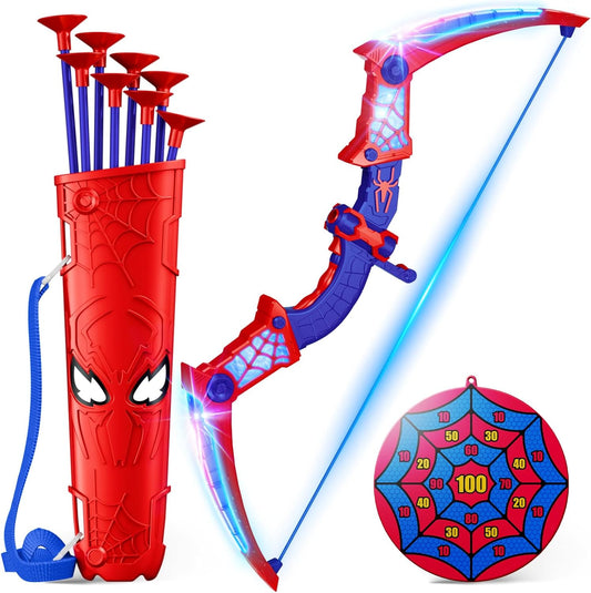 Spider Toys for Boys Age 3-4 4-6 6-8 8-12, Kids Toy BowArrow Shooting Set with Red & Blue LED Lights, Spider Quiver & Web Target, 8 Suction Cup