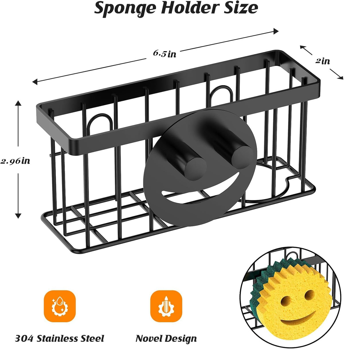 Sponge Holder Smiley Face, Sink Caddy for kitchen Sink, Kitchen Organizer Sponge Holder with 2 PCS Suction Cups/1 PCS Adhesive Strips, Designed for