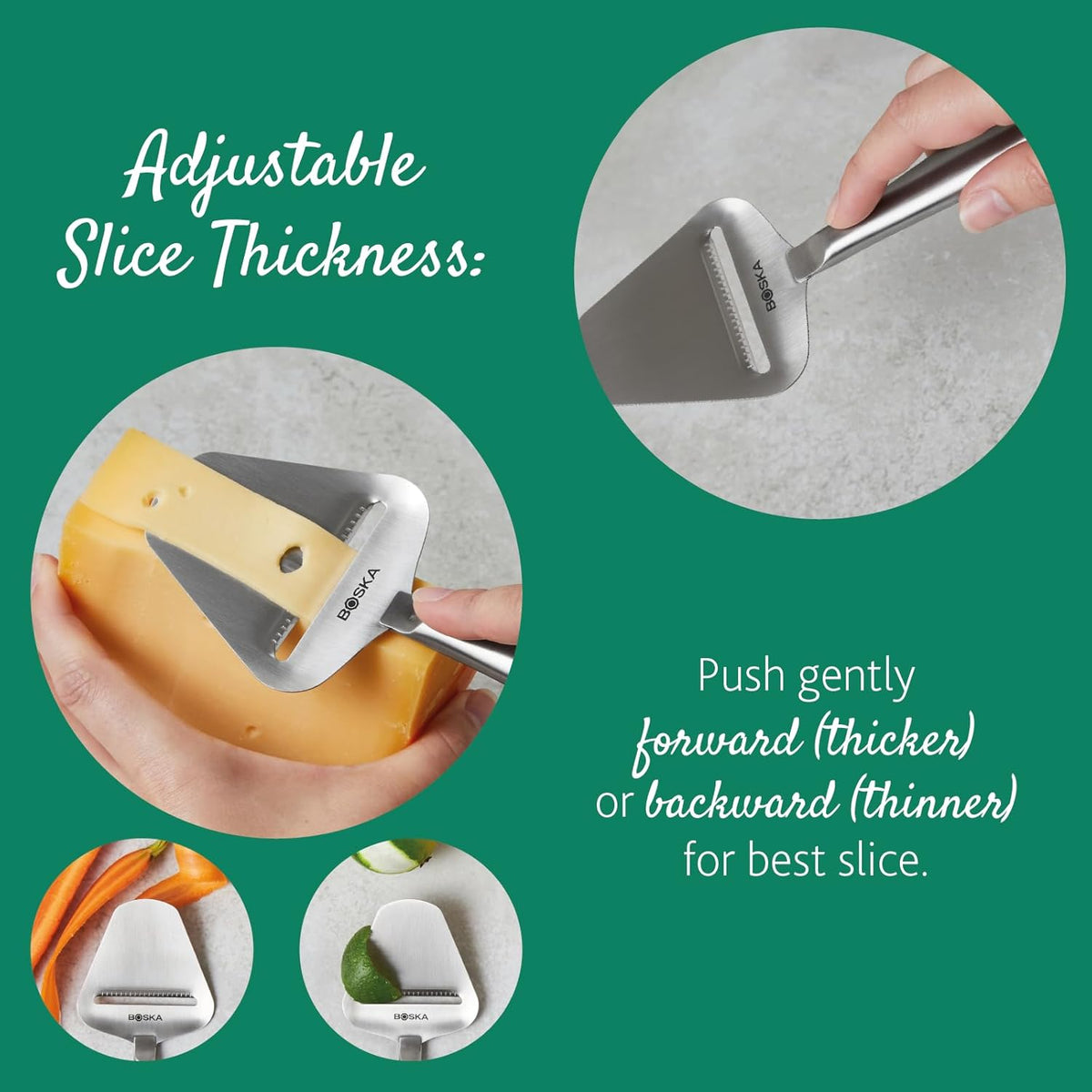 Boska Stainless Steel Cheese Slicer - Copenhagen For All Types of Cheese - Multi-Functional Cheese Slicer - Handheld Slicer - Silver Non-Stick
