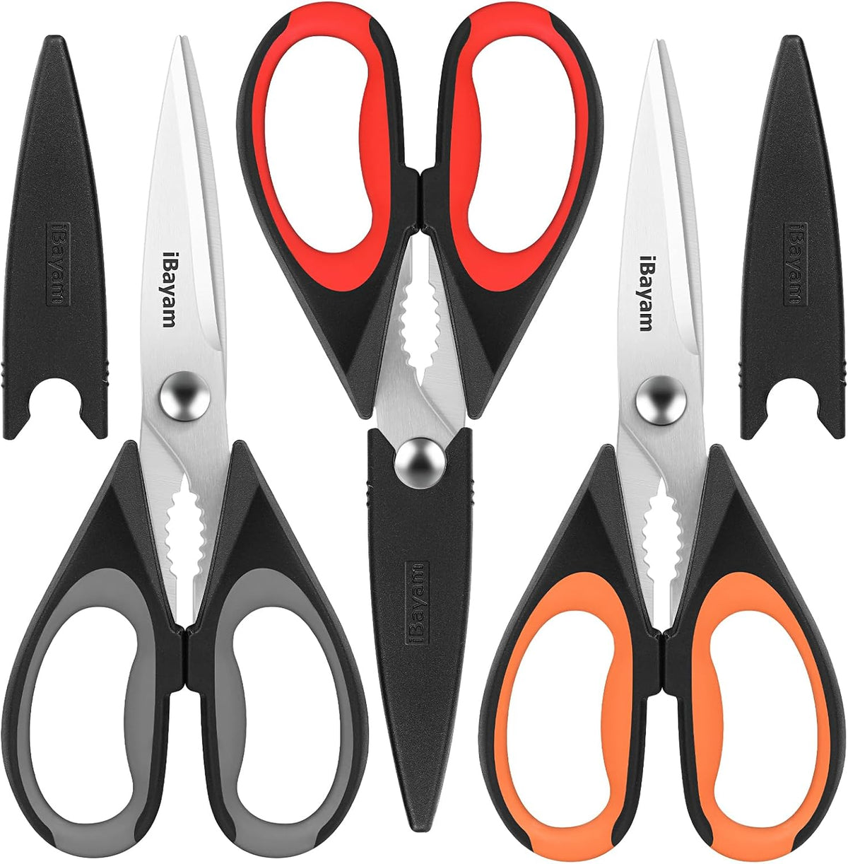 iBayam 3-Pack 8.5"Kitchen Scissors All Purpose Heavy Duty with Protective Sheath, Soft Grip Comfort Handle, Dishwasher Safe Kitchen Utensils Gadgets