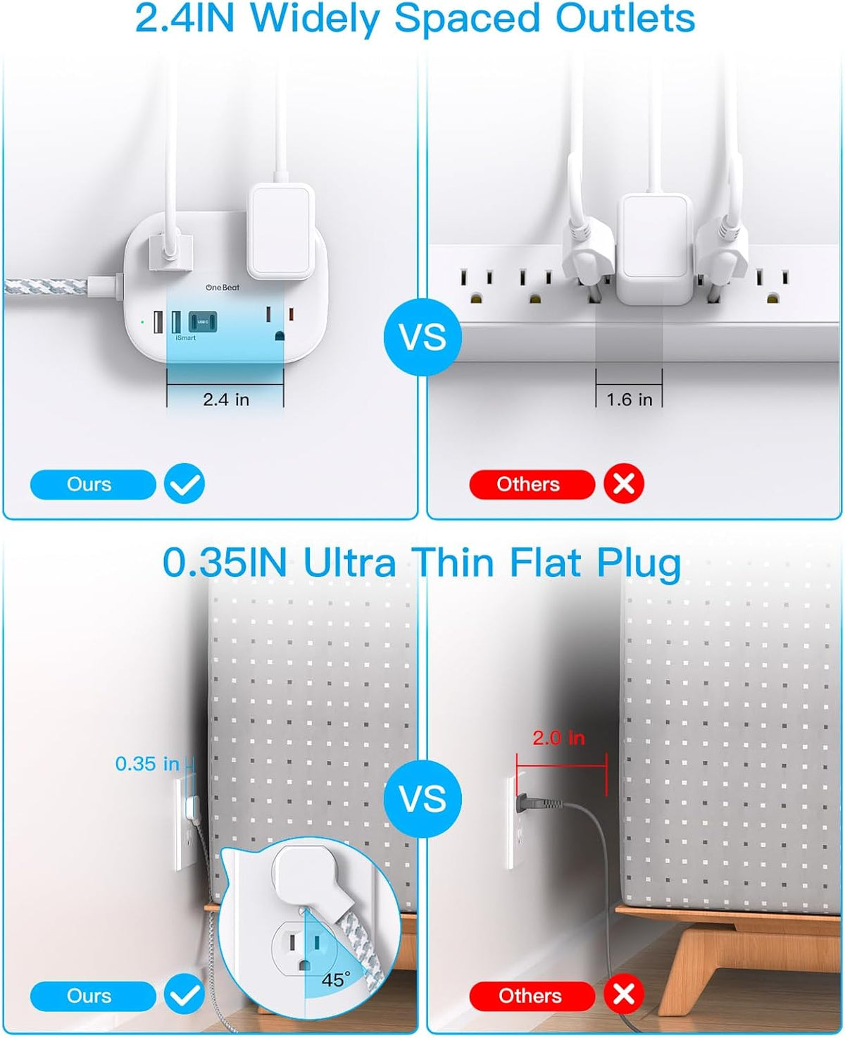 Cruise Essentials 2025,One Beat Travel Power Strip with USB C,Flat Plug Extension Cord with 3 Outlets 4 USB Ports(2 USB C),5 ft Desk Wall Outlet
