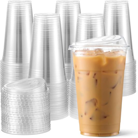 AOZITA 100 Pack - Clear 16 Oz Plastic Cups With Lids, Disposable Iced Coffee Cups With Lids for Party Drinks, Bubble Tea and Cold Beverage, BPA Free