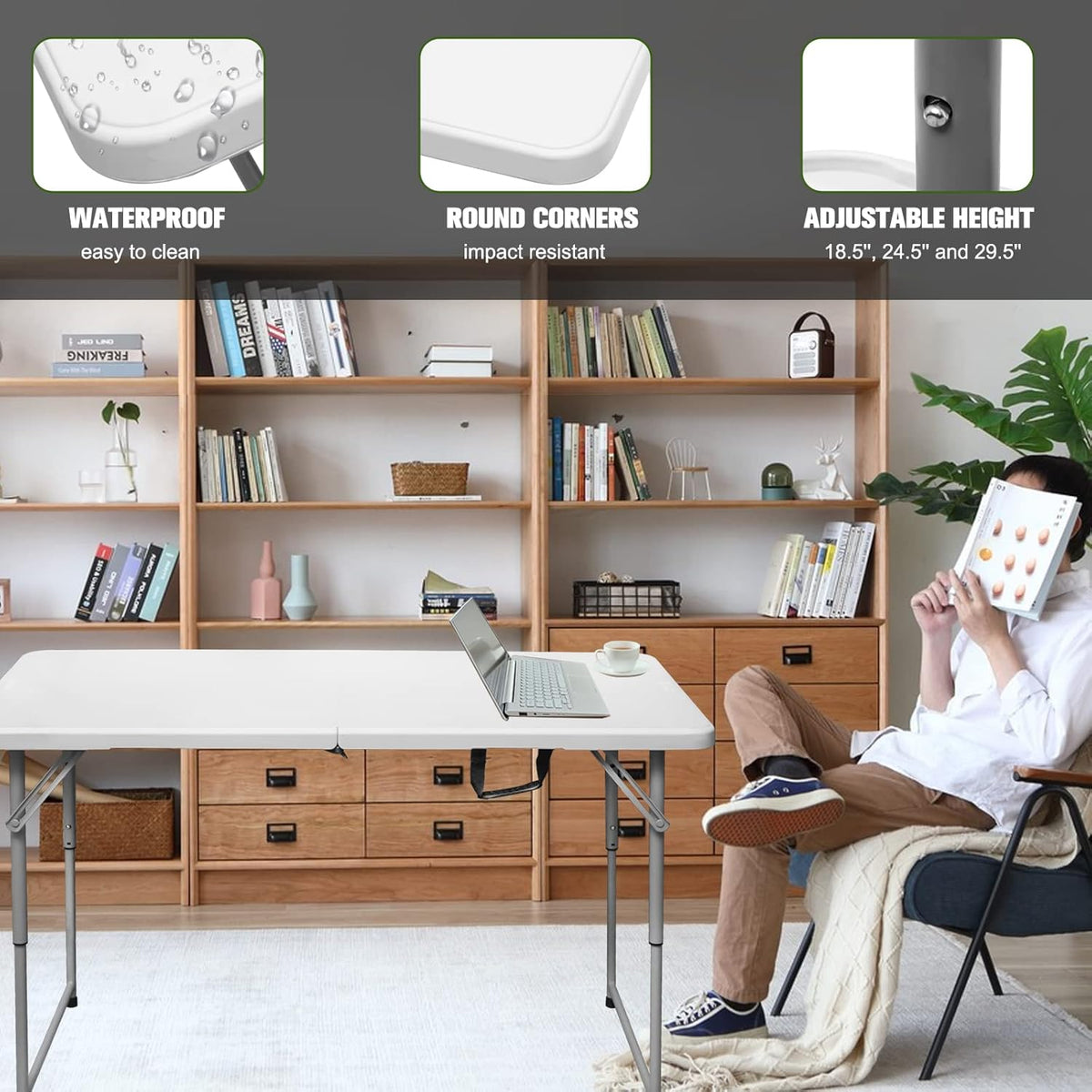 Folding Table 4 Foot Portable Heavy Duty Plastic Fold-in-Half Utility Table Small Indoor Outdoor Adjustable Height Folding with Carrying Handle