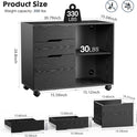 DUMOS Lateral File Cabinet with 3 Drawers Rolling Filing Cabinets Under Desk Storage Printer Stand Wood Organizer with Wheels Adjustable Shelf