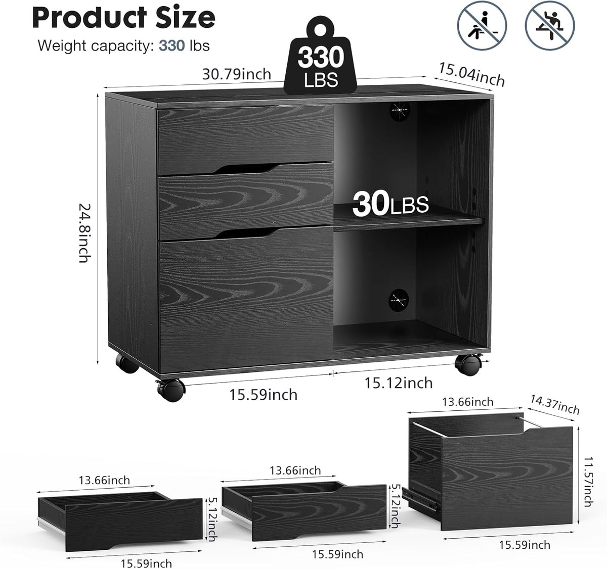 DUMOS Lateral File Cabinet with 3 Drawers Rolling Filing Cabinets Under Desk Storage Printer Stand Wood Organizer with Wheels Adjustable Shelf