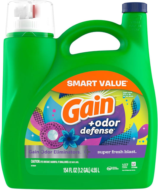 Gain + Odor Defense Liquid Laundry Detergent Super Fresh Blast Scent, HE Compatible, 107 Loads 154 fl oz, Gain Laundry Detergent, Liquid Laundry