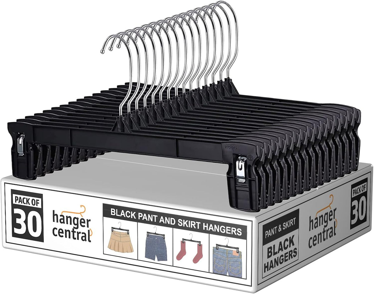 Hanger Central 30 Pack Pants Hangers – 12 Inch Slim Plastic Clothes Hangers with Clips for Skirts, Shorts & Trousers – Non Slip Grip, Heavy Duty