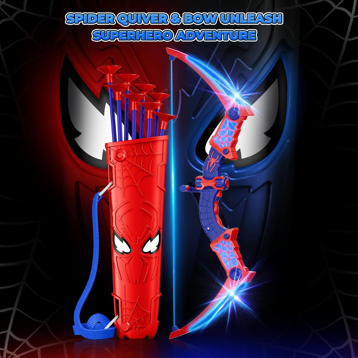 Spider Toys for Boys Age 3-4 4-6 6-8 8-12, Kids Toy BowArrow Shooting Set with Red & Blue LED Lights, Spider Quiver & Web Target, 8 Suction Cup
