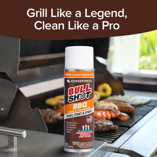 Bull Shot BBQ, Foaming Grill Cleaner, Professional Strength Foam Spray Emulsifies Burnt Grease & Char on Grates, Racks, Pans, Smokers