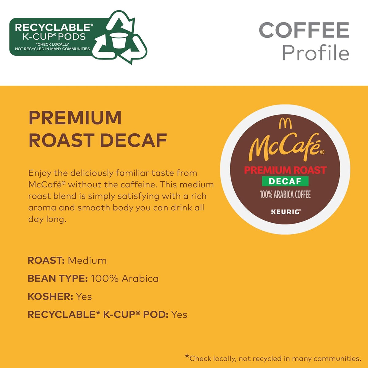 McCafe Premium Roast Decaf Coffee, Single Serve Keurig K-Cup Pods, Decaffeinated, 96 Count (4 Packs of 24)