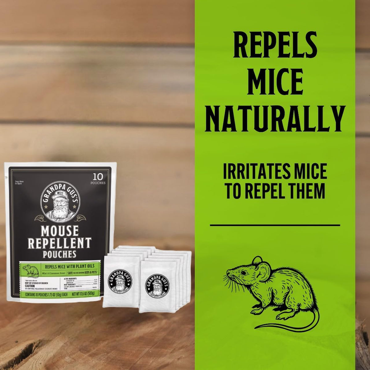 Grandpa Gus’s Extra-Strength Mouse Repellent Pouches, Peppermint & Cinnamon Oil, Natural Rodent Deterrent Control for Garage, RV, Car, Basement
