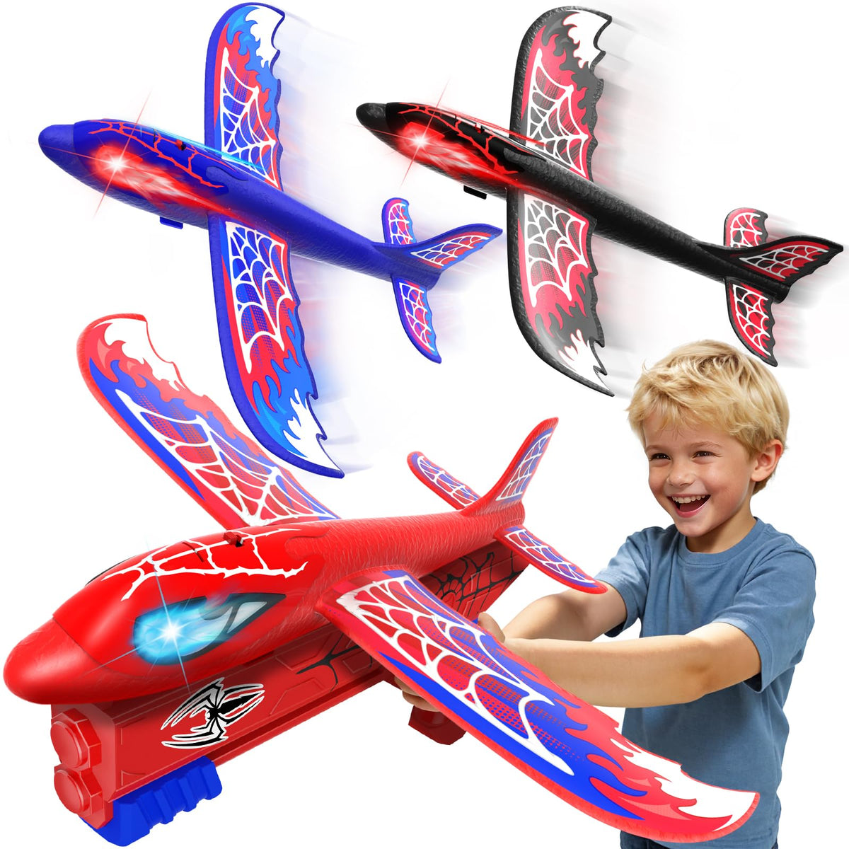 Cool Airplane Launcher Toy with Glowing Eyes & Web-Pattern Wings,2 Flight Modes Outdoor Games for Kids,Boys Toys Age 3-12,Birthday Gifts for 3 4 5 6