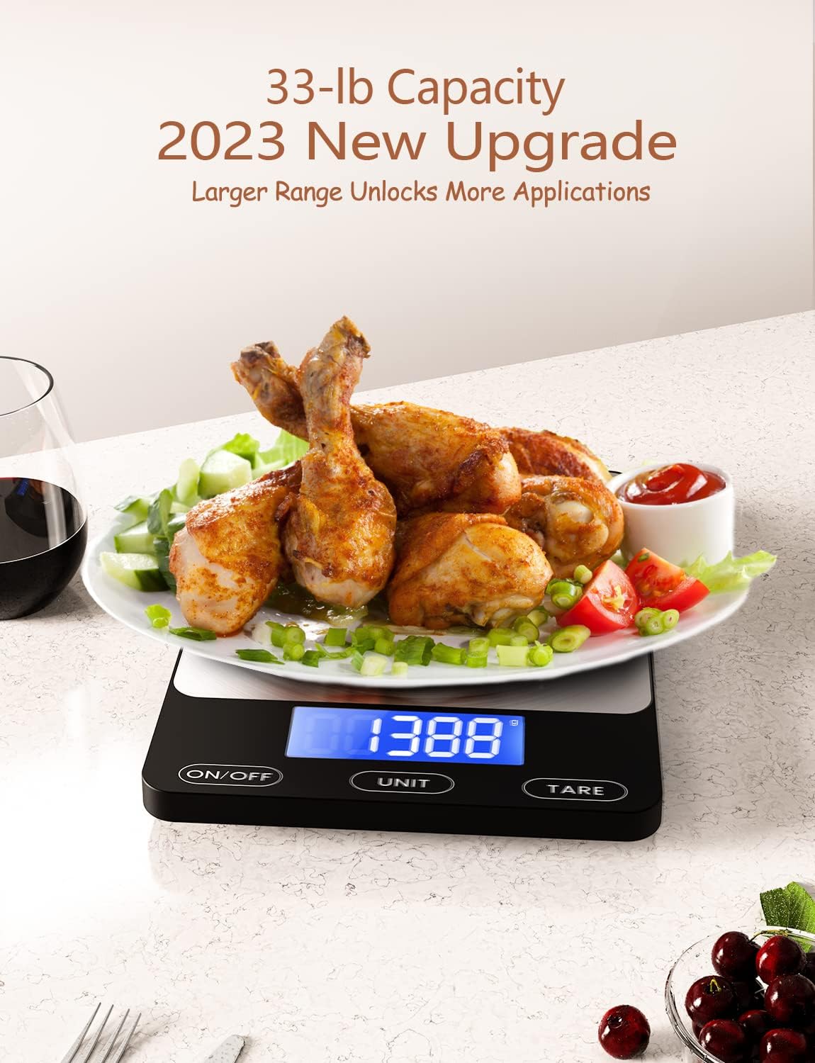 Food Scale -33lb Digital Kitchen Scale for Food Ounces Grams Rechargeable 304 Stainless Steel,Batteries and Type-C Charging | Perfect for Meal Prep