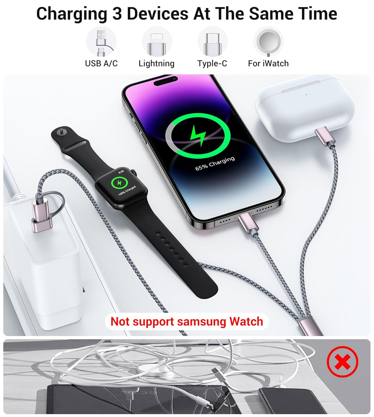 Temdan for Travel Essentials,3 in 2 USB C Cable for Apple Watch Charger/iPhone 17 Charger/Lightning,Multi Charging Cable Cord,Vacation Camping