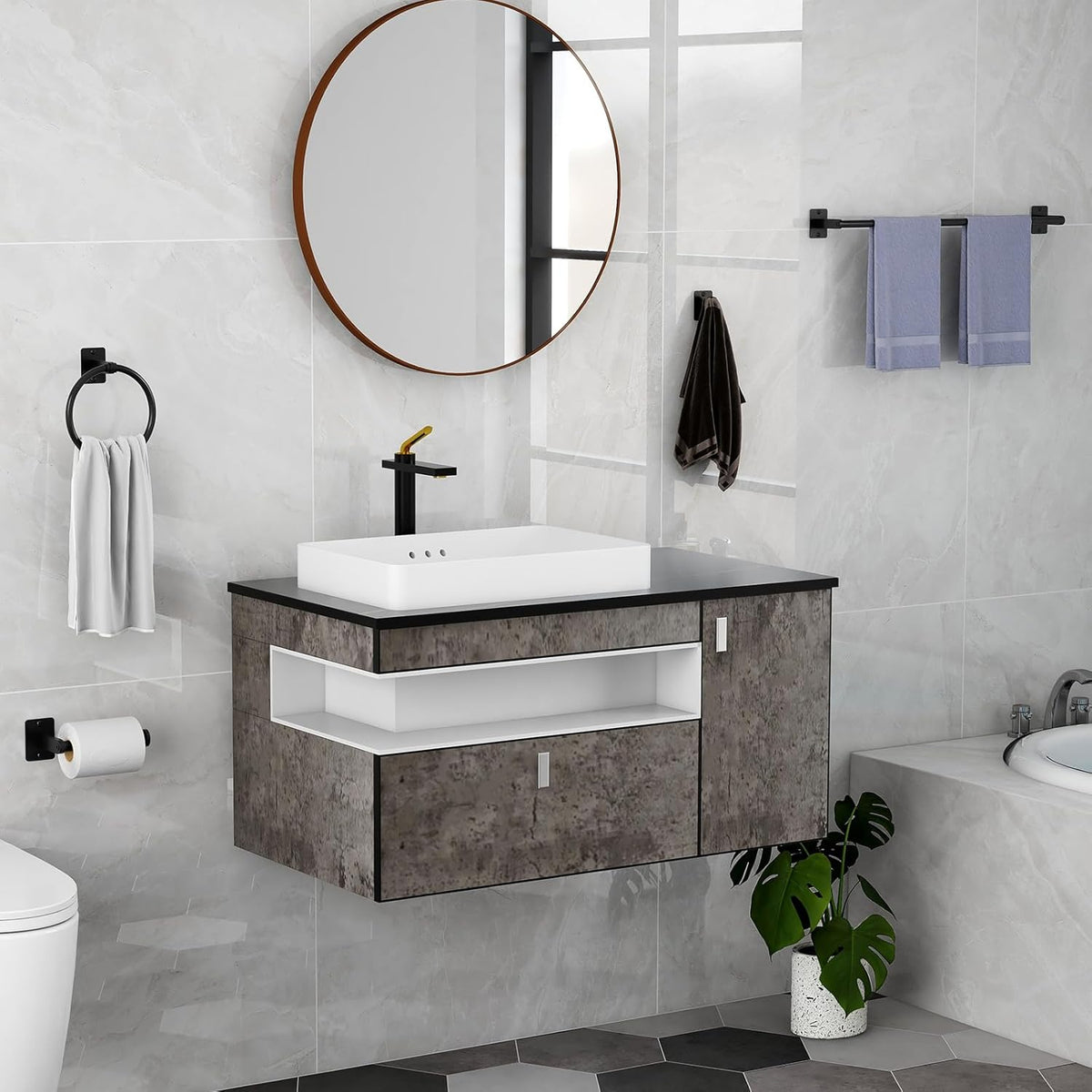 Matte Black Bathroom Accessories Set, KLJKPA 4 Pieces Bathroom Hardware Set, 24 inch Towel Bar, Towel Racks for Bathroom, Robe Towel Hooks, Toilet