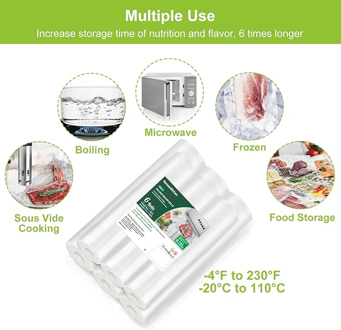 Bonsenkitchen Vacuum Sealer Rolls Bags, 6 Pack 3 Rolls 11" x 20' + 3 Rolls 8" x 20' Commercial Grade BPA Free Bag Rolls, Durable Customized Size Food