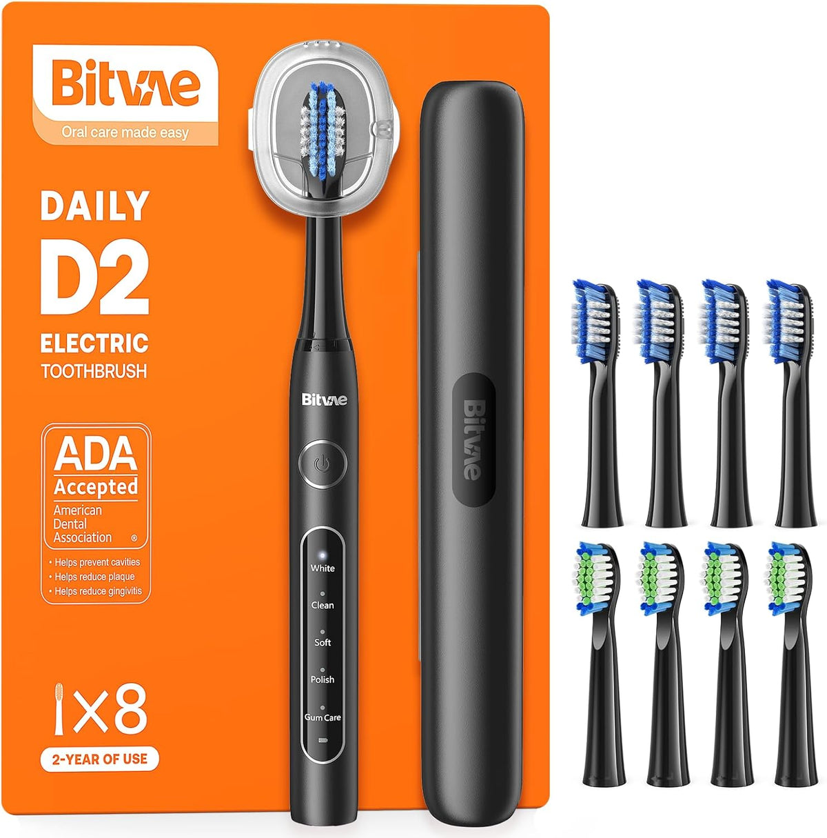 Bitvae ADA Accepted Electric Toothbrush, Travel Toothbrush Rechargeable for Adults and Kids, 60-Day Battery, 5 Modes, 8 Heads, Portable Travel Case