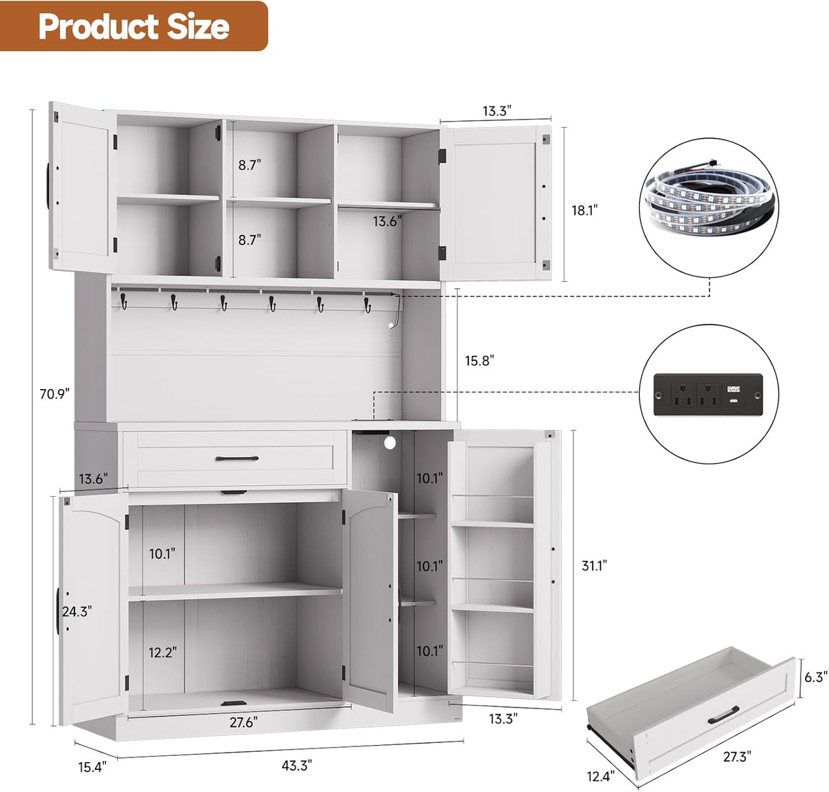 ONBRILL 71" Pantry Cabinet, Kitchen Pantry Storage Cabinet with LED Light & Outlet, Kitchen Hutch with Microwave Shelf & 6 Hooks, Door Shelves