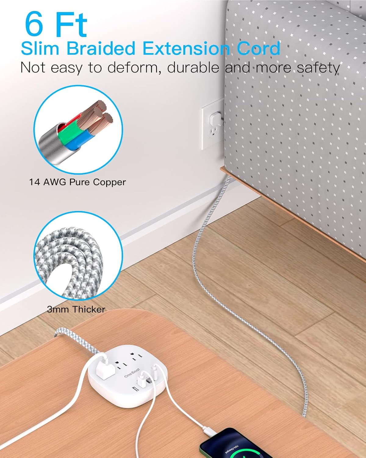 Flat Plug Power Strip, 6ft Ultra Flat Extension Cord - 3 Outlets 4 USB Ports (2 USB C) 22.5W/4.5A Desktop Charging Station, Power Strip No Surge