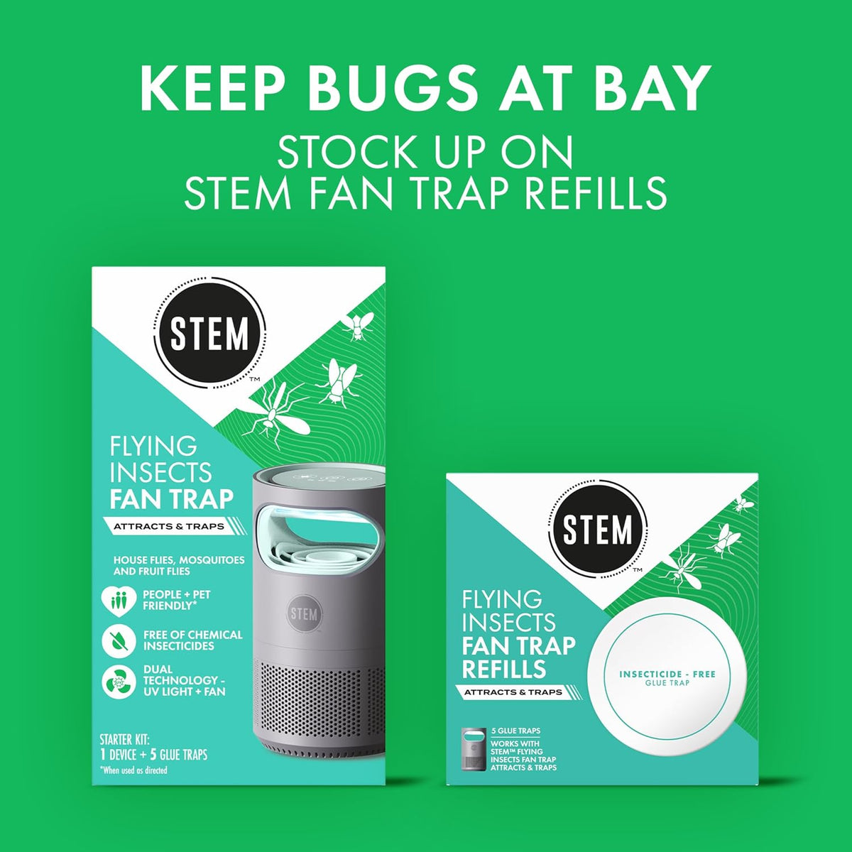 STEM Flying Insect Fan Trap for Indoor Bug Control, Attracts Mosquitoes, Fruit Flies, and House Flies, Plug-in Fan with UV Light, Starter Kit