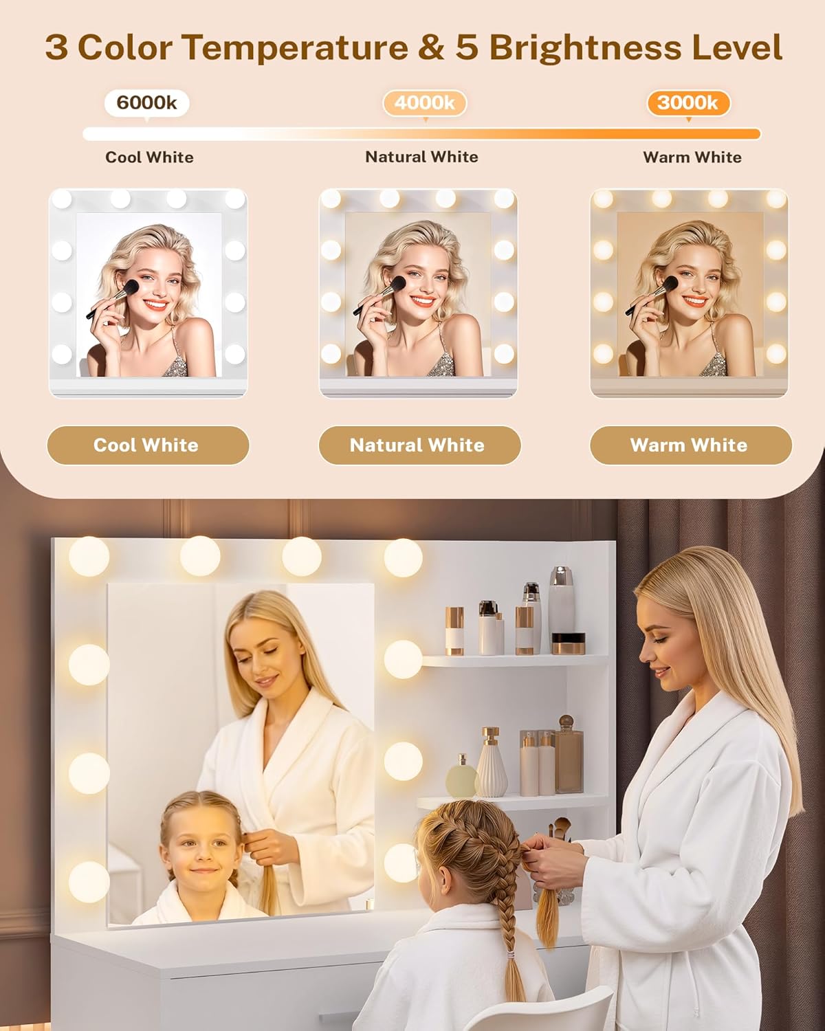 Lighted Makeup Vanity Desk, 35.4“W x 15.7'”D x 54“H, White (with Lights and Mirror, Dimming Function, 2 Drawers and 1 Cabiniet, Open Shelves) by