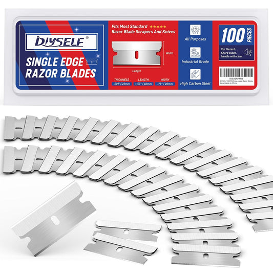 DIYSELF Single Edge Razor Blades, 100 Blades, Razor Blades Refiils for Razor Scraper, Utility Knife, Heavy Duty One Edge Blades, High Carbon Steel