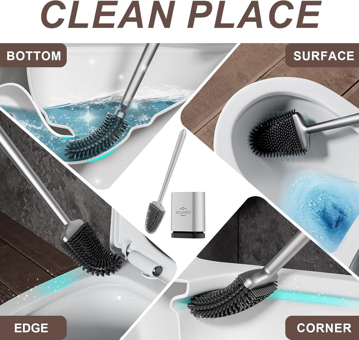 Sellemer Toilet Brush and Holder Set - Flexible Toilet Bowl Brush Head with Silicone Bristles, Compact Size for Storage and Organization, Ventilation