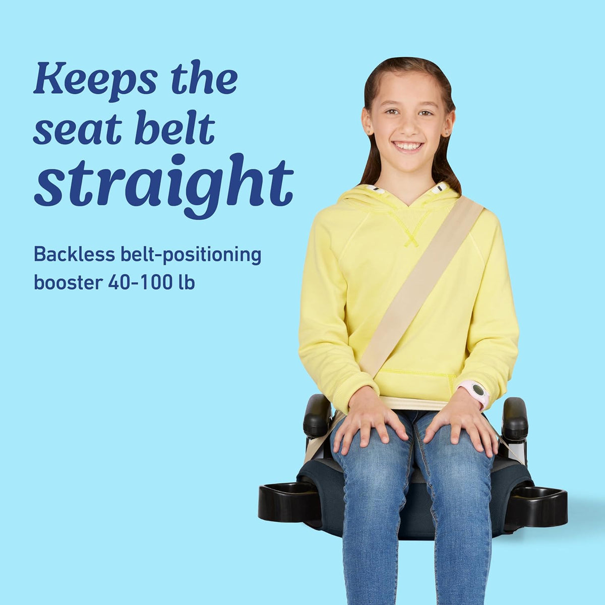 Child sitting on a backless belt-positioning booster with text on a blue background