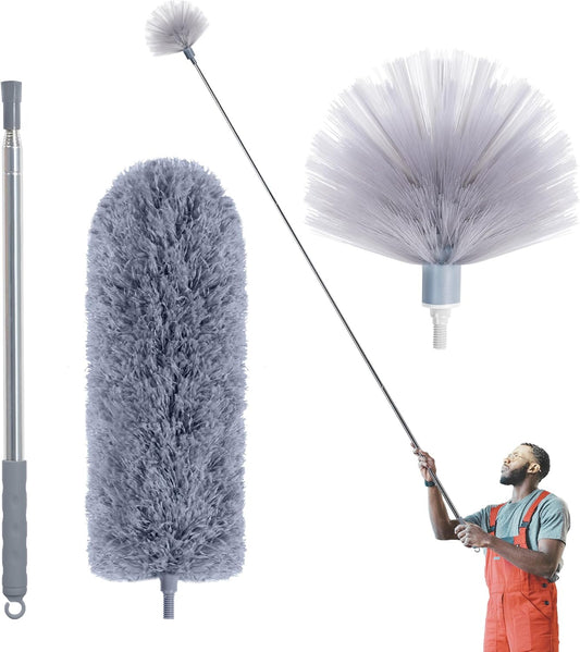 Cobweb Duster with Extension Pole, Spider Web Brush & Ceiling Cleaning Kit, 100" Microfiber Feather Duster Cleaner with Washable Head for Ceiling