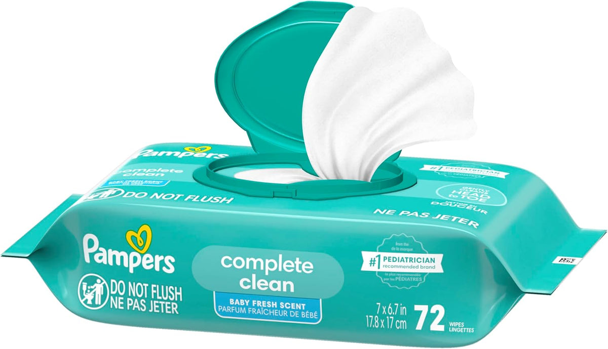 Pampers Baby Wipes, Complete Clean Baby Fresh Scented Wipe, Gently Cleans Head to Toe, 72 Total (1 Flip-Top Packs)