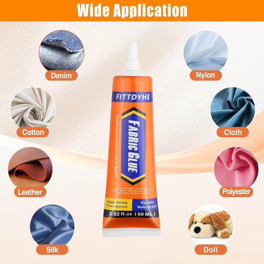Fabric Glue Permanent, 60 ML Washable Clear Clothing Glue, Super Fabric Adhesive for Rhinestones, Patches, Clothes, Denim, Leather, Polyester