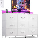 WLIVE White TV Stand for 45, 50, 55 inch TV, Entertainment Center with LED Lights & Charging Station, TV Media Console Table with 9 Fabric Drawers