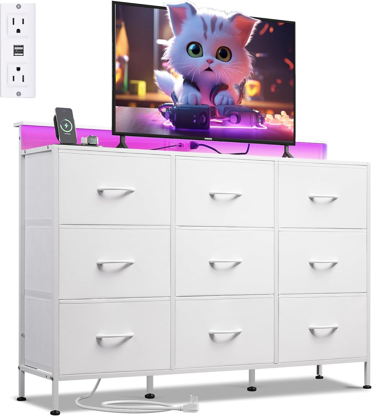 WLIVE White TV Stand for 45, 50, 55 inch TV, Entertainment Center with LED Lights & Charging Station, TV Media Console Table with 9 Fabric Drawers