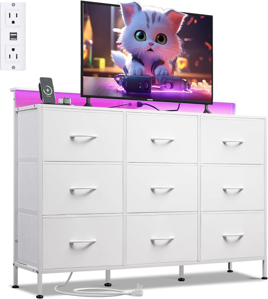 WLIVE White TV Stand for 45, 50, 55 inch TV, Entertainment Center with LED Lights & Charging Station, TV Media Console Table with 9 Fabric Drawers