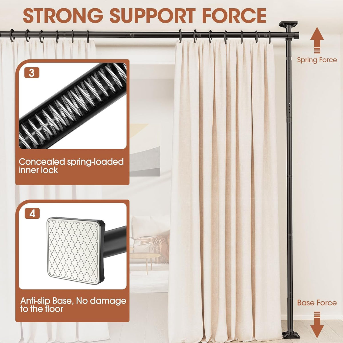 Room Divider Curtain Rod, No Drilling Room Separator for Space Partition Adjustable 4-10ft(H) 28-70inch(W) Heavy Duty Temporary Wall Divider Floor to