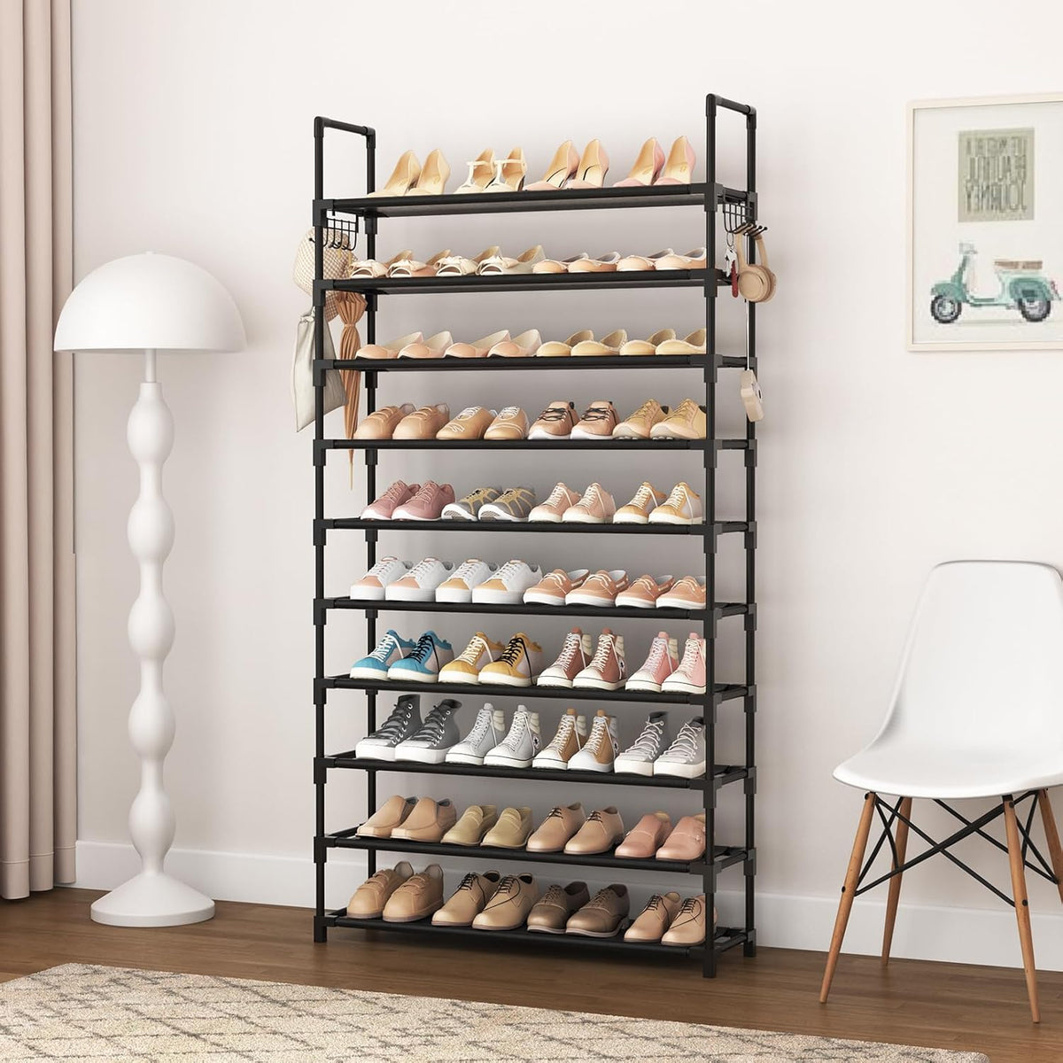 10-Tier Shoe Rack for Closet & Entryway – 50 Pair Large Capacity Shoe Organizer with Hooks & Anti-Fall Rails – Metal Frame Storage Shelf for Bedroom